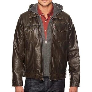Levis Men’s Brown Faux Leather Hooded Trucker Jacket Streetwear Staple XL